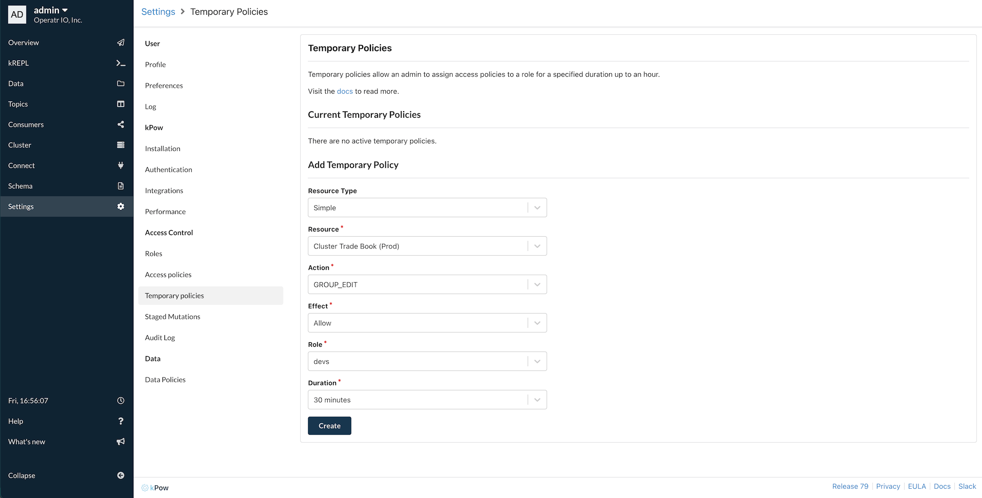 Kpow for Apache Kafka Temporary Policies UI